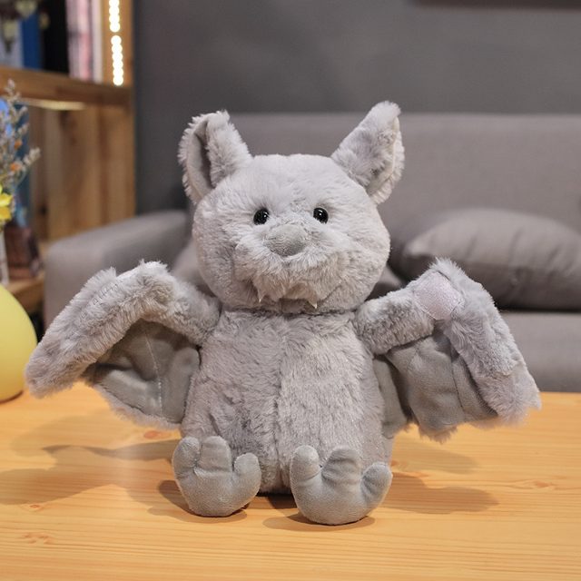 Fuzzy Grey Bat Plush With Spread Wings