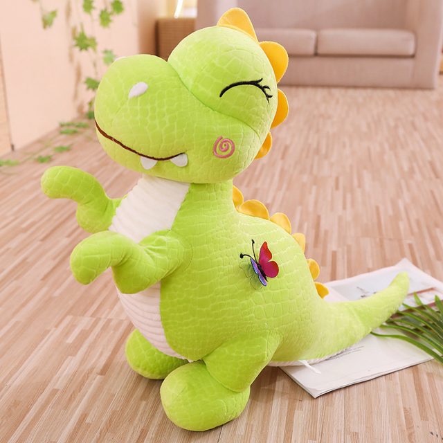 Smiling Green Dinosaur Plush with Butterfly, 30cm