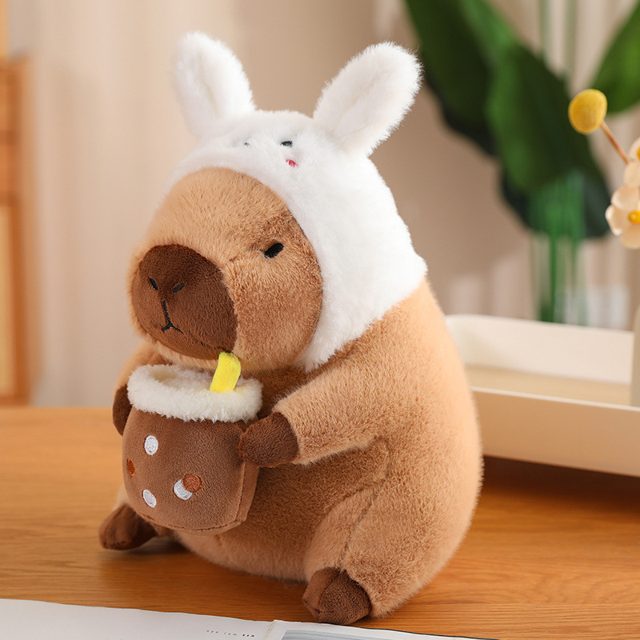 Capybara in Bunny Hood With Boba Plush