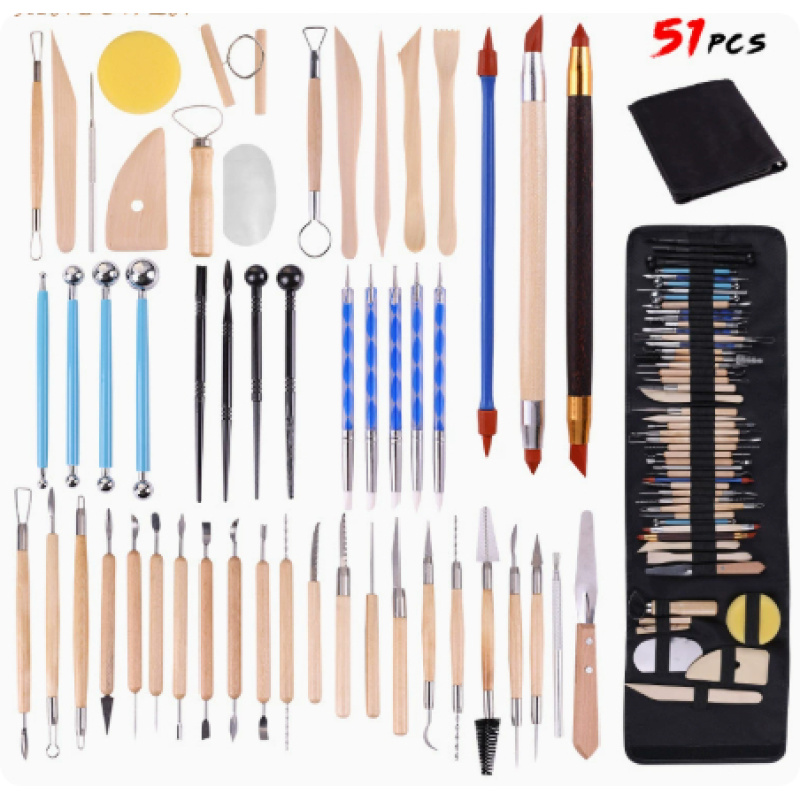 51-Piece Clay & Pottery Sculpting Tool Set with Roll-Up Case
