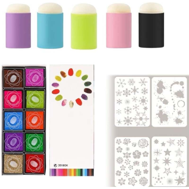 20-Color Craft Ink Pad Set with Sponge Daubers & Stencils