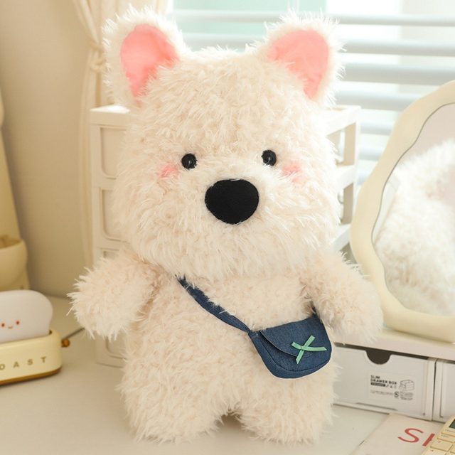 Fluffy White Terrier Puppy With Satchel Plush, 22cm