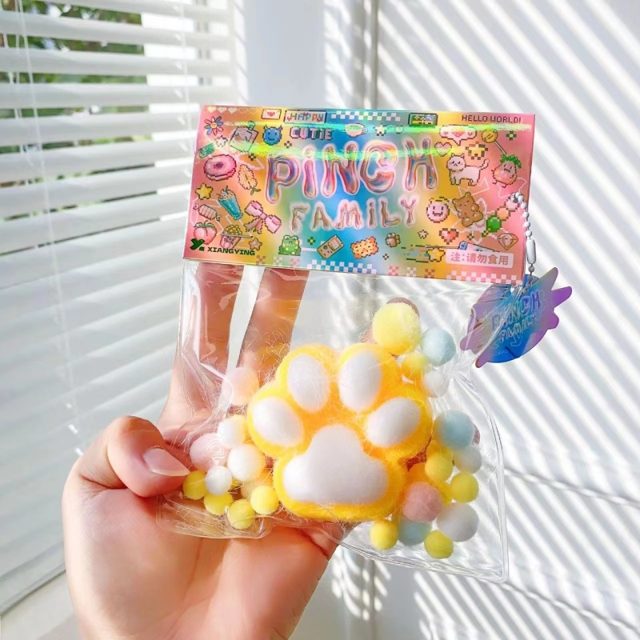 Yellow Kitty Paw Squishy Charm in Bead Bag