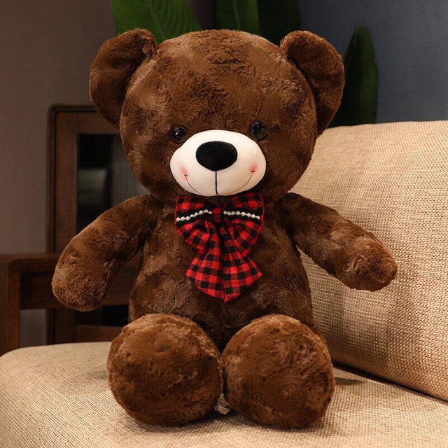 Giant Chocolate Teddy Bear With Plaid Bow โ photo 3