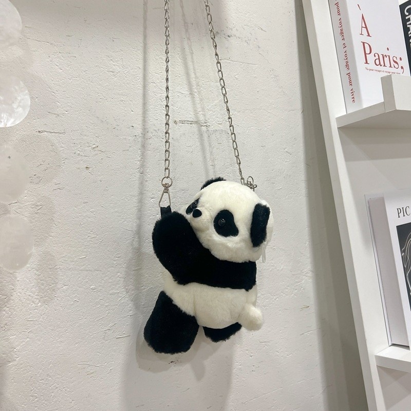 Panda Plush Crossbody Bag with Chain Strap