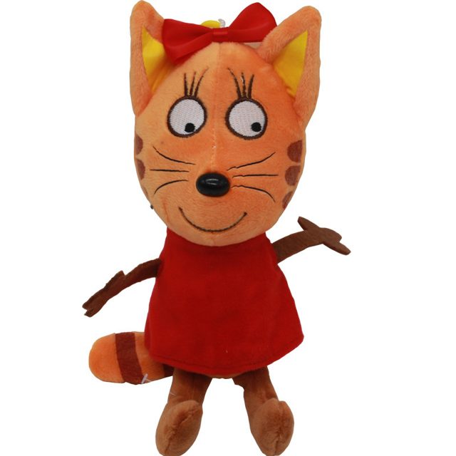 Bow-Wearing Cartoon Kitty Plush in Red Dress