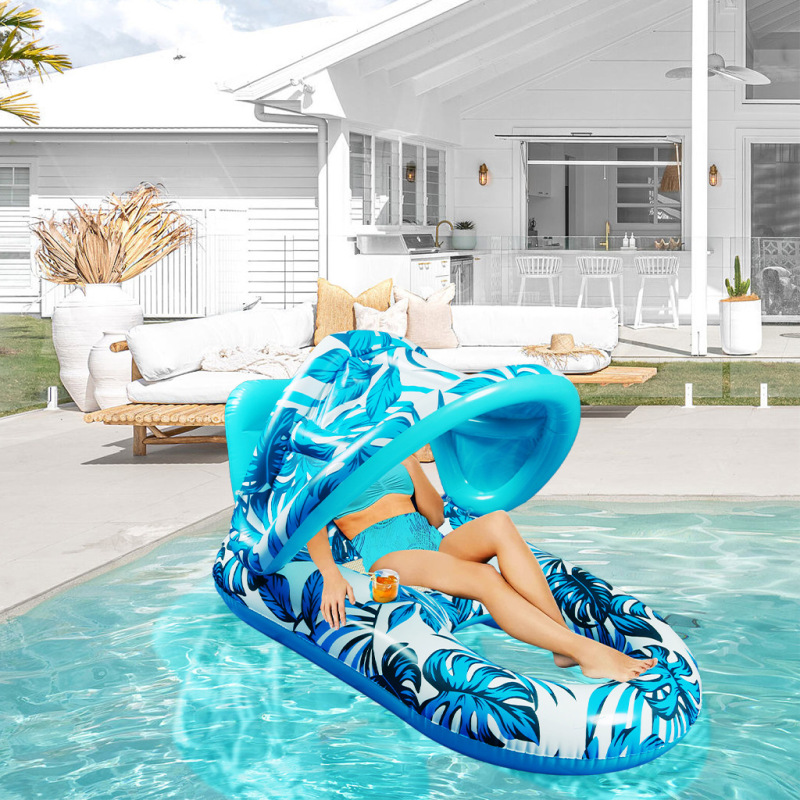 Tropical Leaf Inflatable Pool Lounger with Canopy & Cup Holder