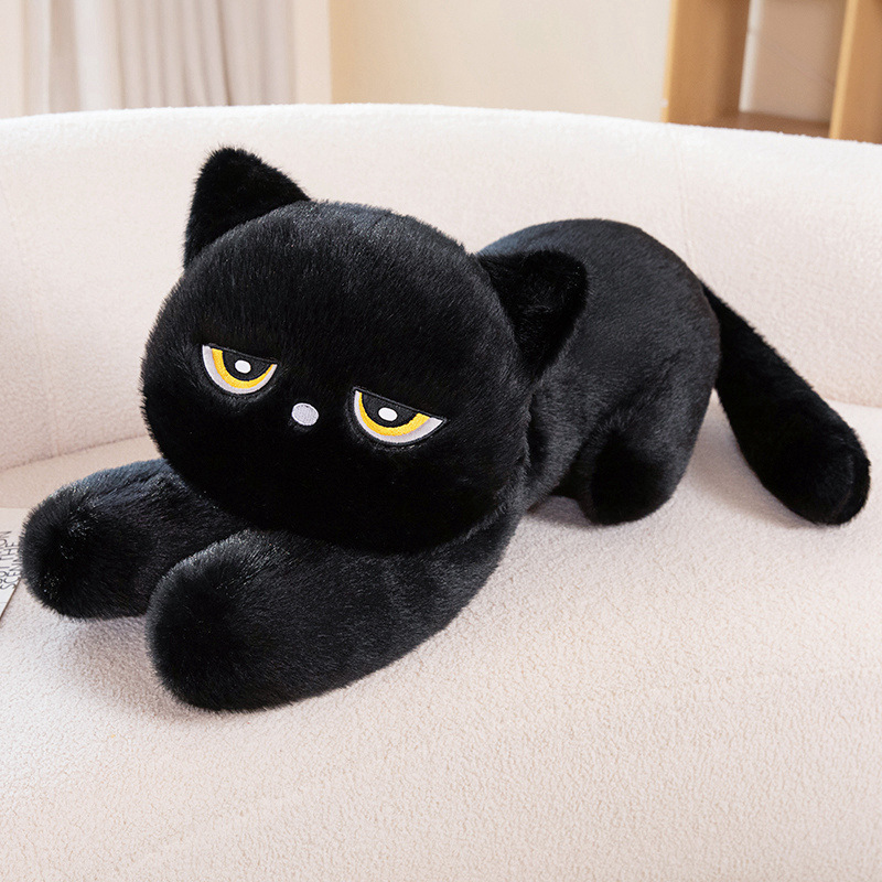 Grumpy Lying-Down Black Cat Plush Pillow