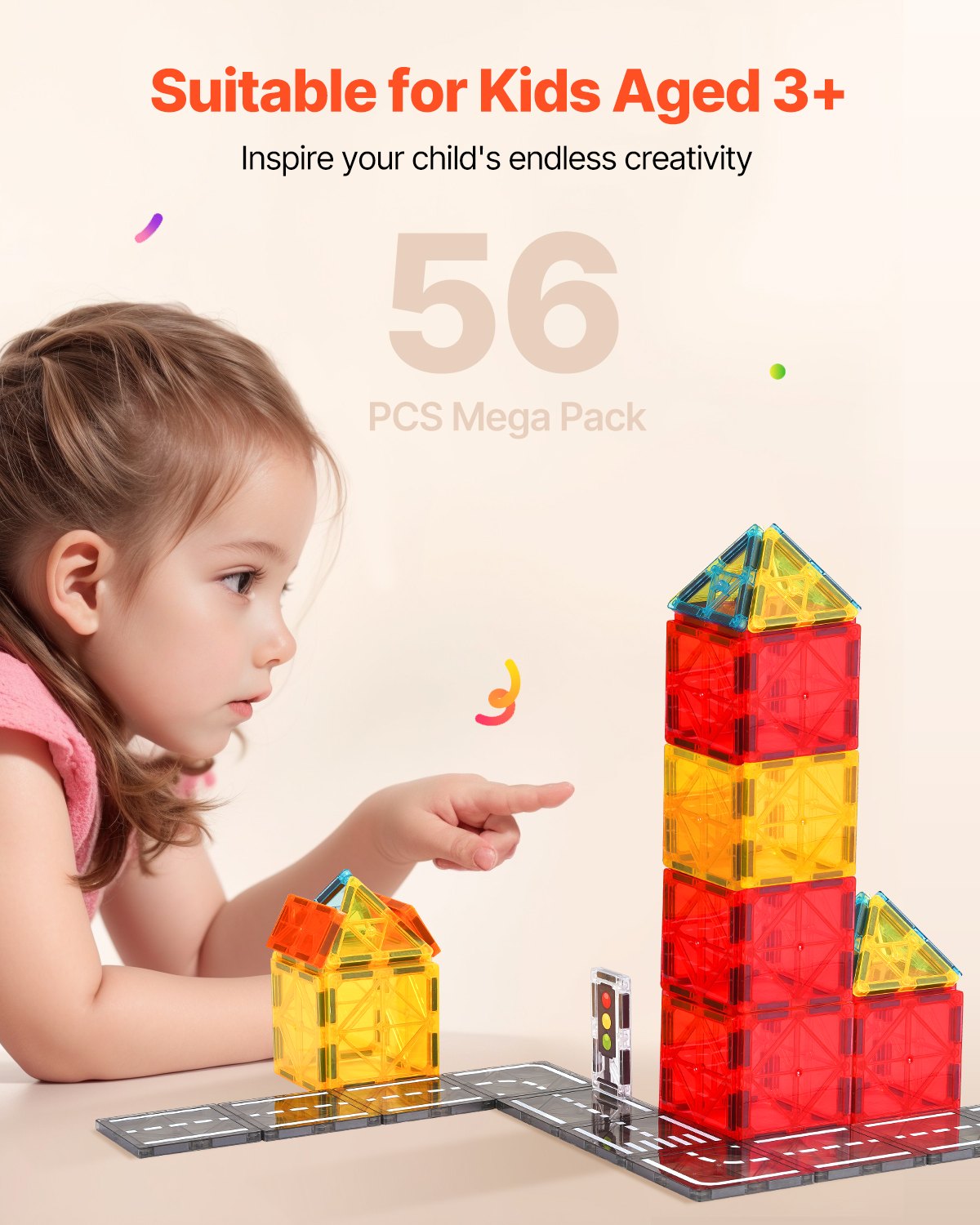Magnetic Road Building Tiles, 56-Piece Set