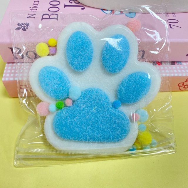Fuzzy Blue Cat Paw Squeeze Toy, White Trim