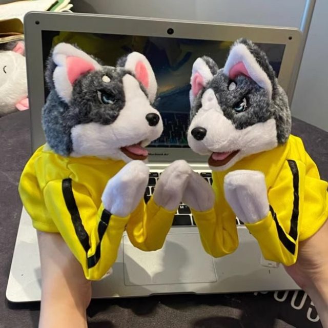 Boxing Husky Hand Puppet Pair In Tracksuits