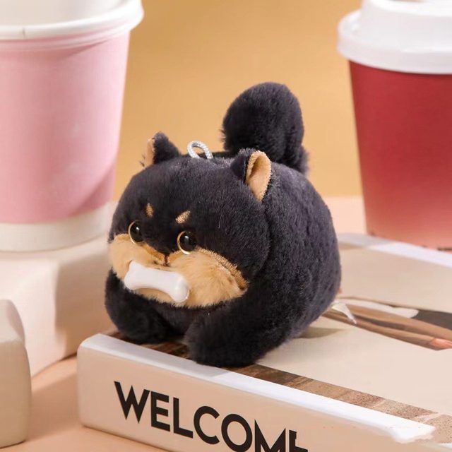 Lil' Black Shiba With a Bone Keychain Charm