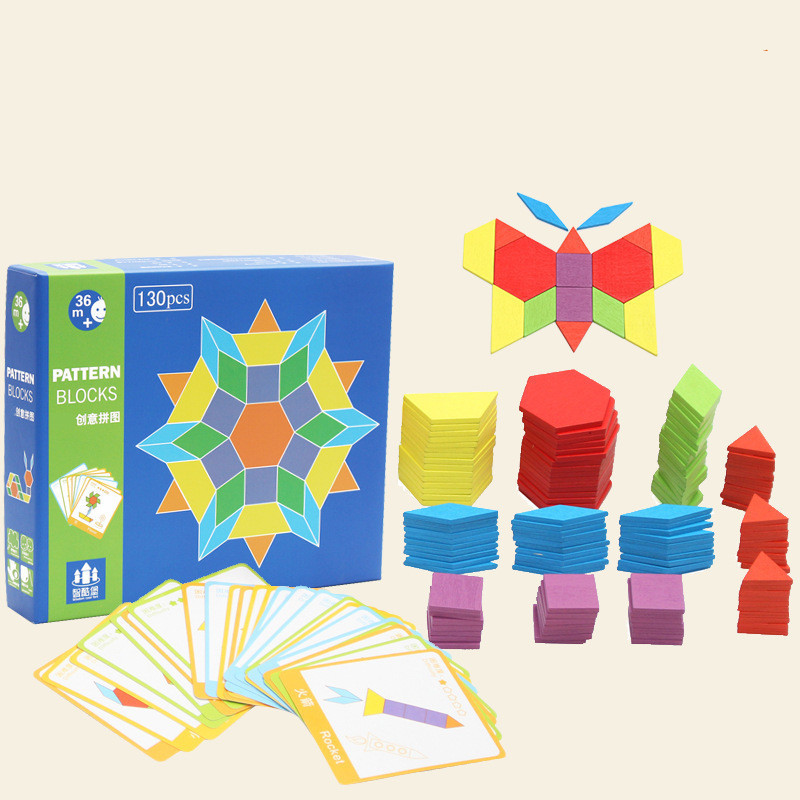 130-Piece Wooden Pattern Blocks Puzzle Set