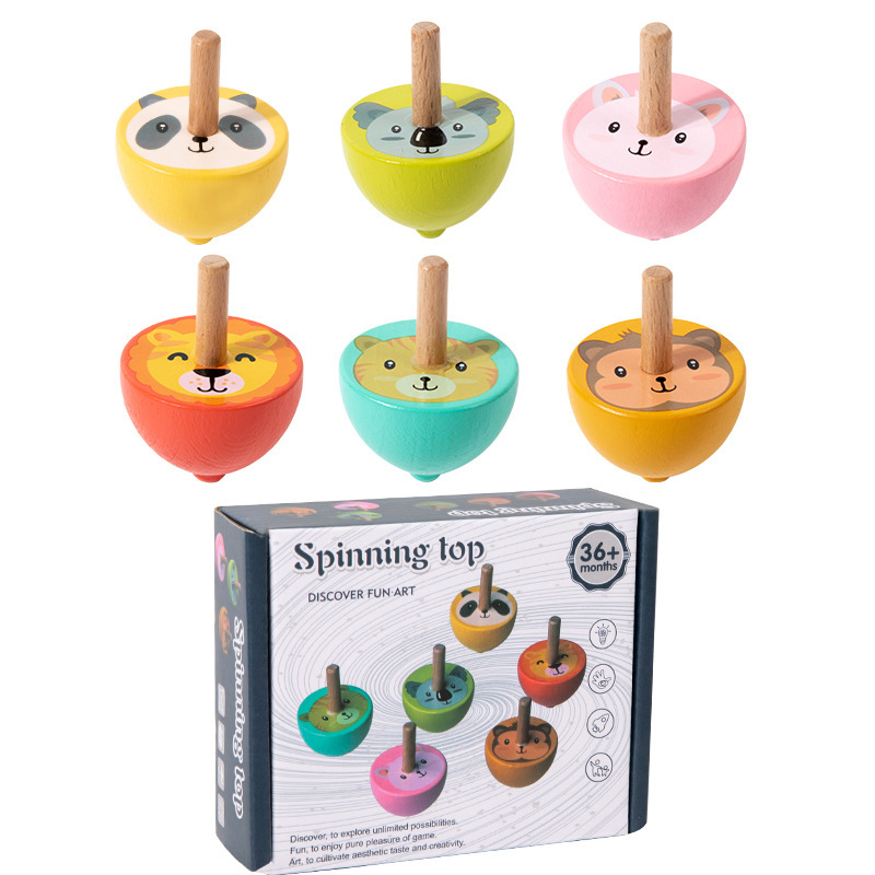 Wooden Animal-Face Spinning Tops (Set of 6)